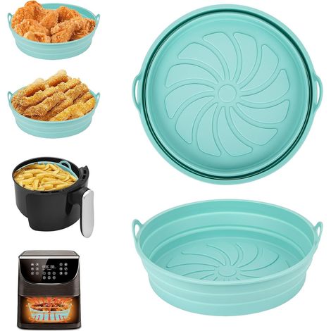 Pot en silicone pour friteuse à air chaud, 2 pièces de doublures pour poêle à friteuse à air chaud, panier rond pliable réutilisable, accessoires pour friteuses à air chaud, micro-ondes et four (bleu) (1/5)