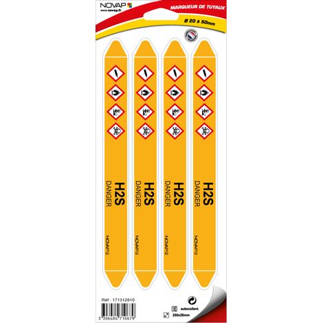 Planche de 4 marqueurs de tuyauterie 250 x 26 mm pour Ø 20 à 50 mm - H2S - 4710679