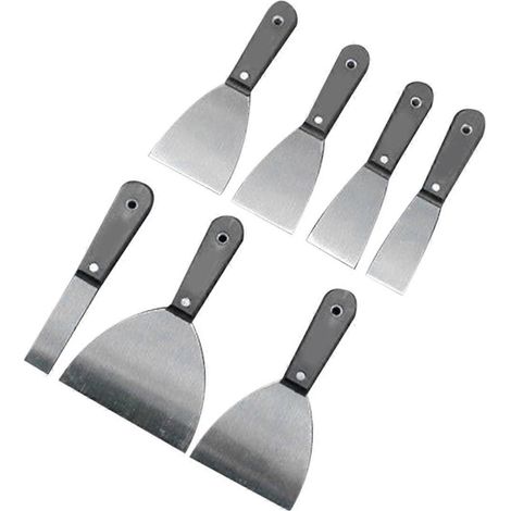 Ensemble de 7 outils pour cloisons sèches : couteau à enduire, couteau à racler le papier peint, couteau à décaper la peinture. (1/4)