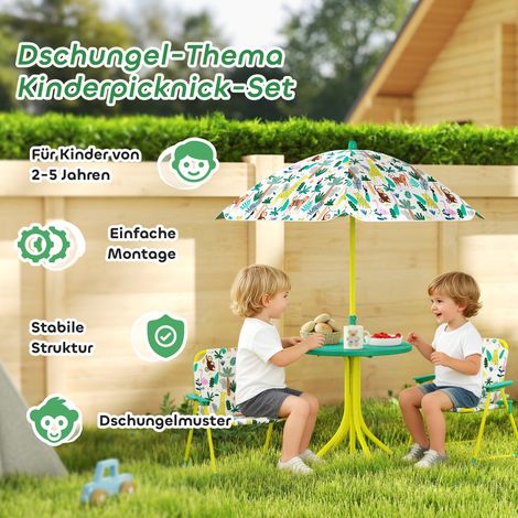 Ensemble mobilier de jardin enfant 4 pièces avec parasol démontable, table et 2 fauteuils pliants, vert (1/4)