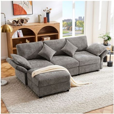 Canapé d'angle 218x156x86cm Gris - 3 Places Tissu Chenille, Pouf Modulable, Accoudoirs Réglables 3 Positions, 4 Coussins Inclus