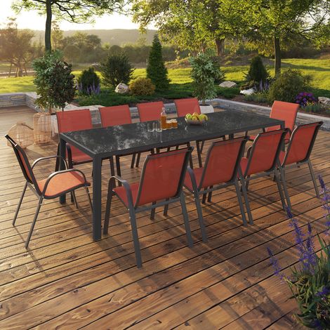 Conjunto de jardín MADRID: mesa de 240 cm y 10 sillas apilables en color terracota y gris