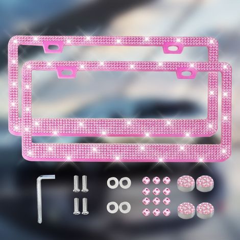 Kennzeichenhalter für Damen, 2-teiliges Set, handgefertigte Strasskristalle, Autozubehör aus Edelstahl mit diamantglitzernder Kappe (rosa). (1/5)