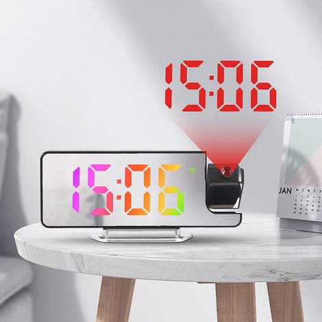 Reloj despertador con proyección LED y pantalla de temperatura - Reloj digital ajustable en múltiples ángulos - Pantalla de espejo LED - Reloj despertador con proyección de pared y techo (luz de color (1/4)