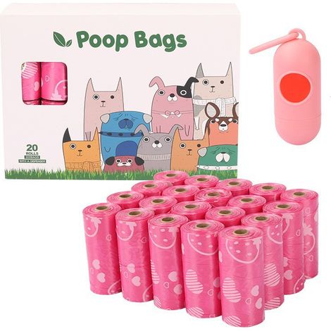 Sacs poubelle biodégradables pour animaux, conditionnés en rouleaux de 20, motif cœur rose, sacs poubelle pour chiens d'extérieur, sacs poubelle pour chiens (roses) avec distributeur de sacs poubelle (1/4)