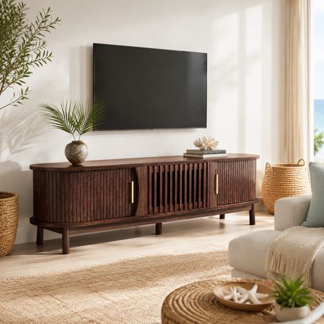 Mobile TV basso 165x39,5x46 cm in MDF marrone, con vani contenitore, stile retrò FloraGrace (1/5)