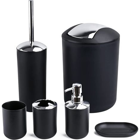 Lot de 6 Accessoires de Salle de Bain en Plastique avec Porte-Brosse à Dents, gobelet à Brosse à Dents, Distributeur de Savon, Porte-Brosse de Toilette, Poubelle, gobelet et Paille (Noir) (1/5)