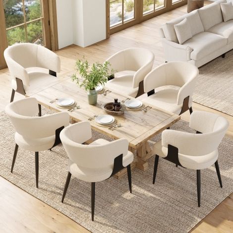 Lot de 6 Chaises de Salle à Manger en Tissu Flanelle Beige, Fauteuils Design avec Dossier Courbé Ergonomique, Assise Rembourrée Confortable 6cm, Pieds Métal pour Cuisine Salon Chambre (1/5)