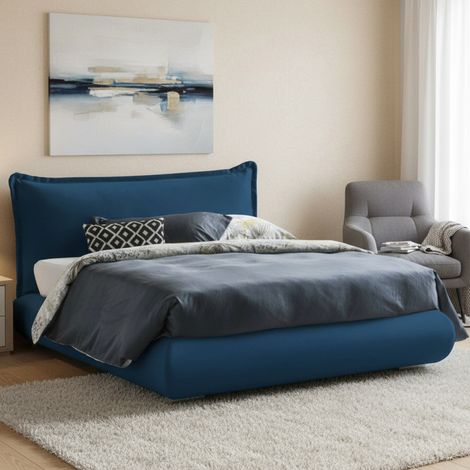 Dmora - Cama matrimonial Dfecci, Cama contenedor con tapizado de tela y cabecero, 100% Made in Italy, Apertura frontal, adecuado para colchón 160x190 cm, Azul (1/5)