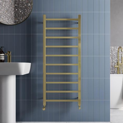 Solaro Brushed Brass Heated Towel Rail Square Bar Bathroom Radiator Ladder Wall Mounted 1200 x 500mm (1/4)