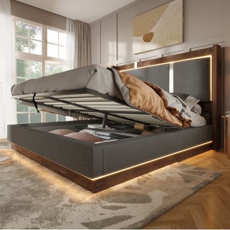 Polster-Doppelbett 180x200 cm mit LED, Stauraum und Lattenrost, Grau/Nussbaum (1/5)