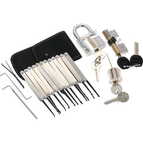 Kit de 15 outils de crochetage de serrure avec 3 cadenas acryliques transparents d'entrainement pour apprenti serrurier et professionnel (1/2)