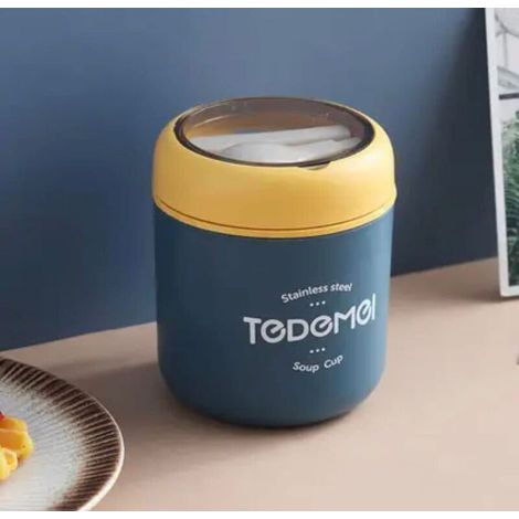 Küchenaufbewahrungszubehör, hübsche Thermo-Lunchbox mit Edelstahllöffel, vakuumisoliertem Lebensmittelbehälter und Suppenbecher aus PP-Kunststoff – Bento-Box (blau) – RAPANDA