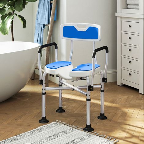 Chaise Douche Siège Rainuré Hauteur Réglable Dossier Antidérapant Accoudoirs Charge Bleu 136 kg