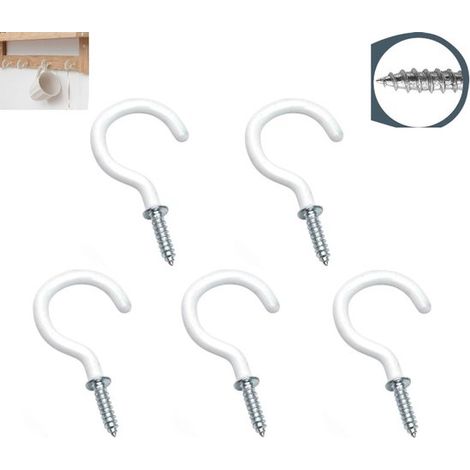 Lot de 5 crochets - Crochets à visser avec revêtement plastique - Blanc - Crochets en fer et plastique - Crochets pour rosace de plafond - Vis autotaraudeuse - Crochets à visser en métal - Pour suspen (1/5)