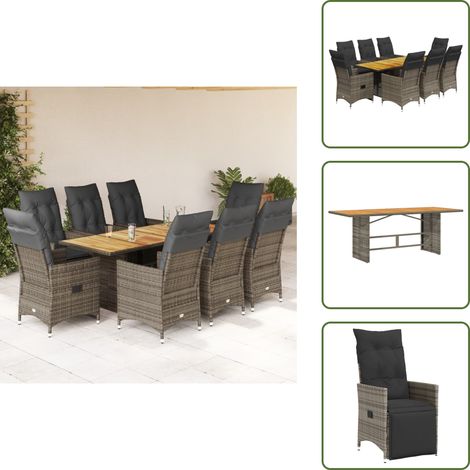 The Living Store Ensemble à manger de jardin 9 pcs coussins gris résine tressée - Fauteuil inclinable (1/5)