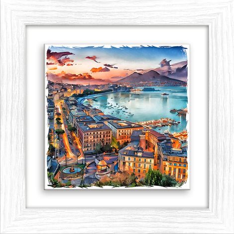 Lupia - Quadro moderno con paesaggi e localismi italiani, Ceramica e Stampa Rilievo, Cornice Legno Shabby Modern bianca, Decorazione Parete, Quadretti Soggiorno, 29x29 cm, NAPOLI GOLFO DI SERA (1/4)