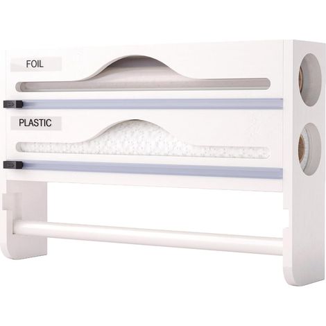 Distributeur Mural 3 en 1 en Bambou - Pour Essuie-Tout, Film Alimentaire et Papier Aluminium - Système de Découpe Intégré - 35 x 7 x 21 cm - Blanc (1/5)