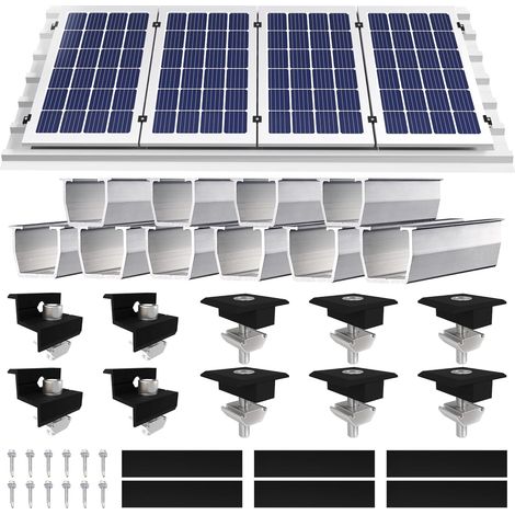Support de module solaire - Fixation pour panneau solaire - Support de toit plat - Avec rail en aluminium de 12 cm et pince noire réglable de 30 à 35 mm - Pour 4 modules (1/5)