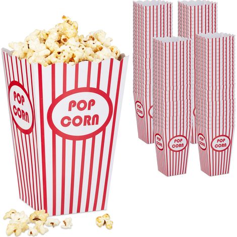 Relaxdays Sacchetti per Popcorn, Set 100, a Righe, Feste Compleanno Tema Cinema, Box Contenitore Cartone, Rosso Bianco