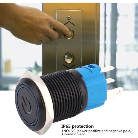 Lot de 2 interrupteurs inox noirs à maintien étanche IP65 avec voyant LED et pictogramme 16 mm bleu 3-6V CC (1/5)