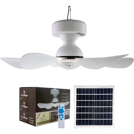 Ventilateur Solaire Portable Rechargeable avec Lumière LED et Télécommande – Ventilateur de Plafond Photovoltaïque Haute Puissance pour Camping Extérieur, Autonomie 8h, Panneau Solaire Inclus