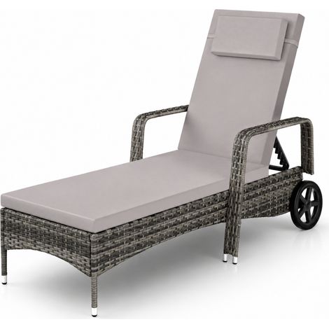 Lettino Prendisole Reclinabile In Polyrattan Con Schienale Regolabile In 6 Posizioni Cuscino Poggiatesta E Ruote Per Giardino Piscina Terrazzo 196 x 72 x 94.5 Cm Grigio (1/5)