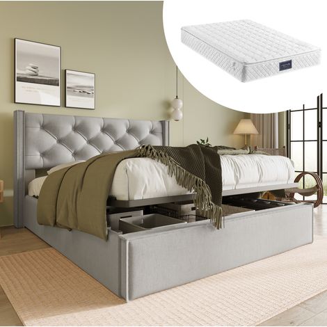 Lit double 160/200 cm gris clair en coton avec coffre de rangement et matelas à ressorts (1/5)