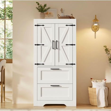 Credenza in stile rustico 60x30x128 cm, con 2 cassetti, ripiani regolabili, in MDF, bianco (1/5)