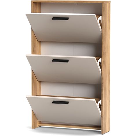Meuble à chaussures 3 portes avec pieds, coloris Beige/chêne Mauvella - Longueur 68,5 x Hauteur 115,5 x Profondeur 17 cm (1/3)