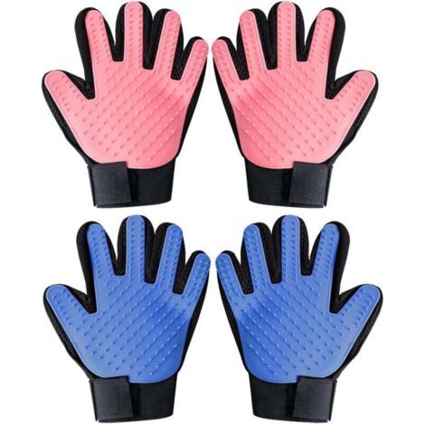 Katzenpflegehandschuhe (Paar), Tierbürste, Pflegehandschuhe für linke und rechte Hände, für kurzes und langes Fell, hellblau/rot – 4er-Pack (1/4)