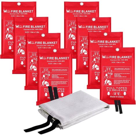 Couverture Anti feu de Survie - Couverture Anti-feu en Fibre de Verre d'urgence pour la Survie Protection Ignifuge et Isolation Thermique 1m x 1m Applicable à Cuisine Barbecue Voiture - 8 Pack (1/5)