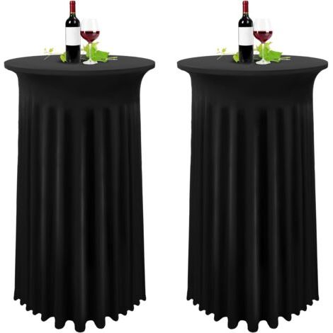 Lot de 2 housses de table haute noir – Nappe extensible en élasthanne 80 x 110 cm – Jupe plissée pour tables rondes 81 x 109 cm