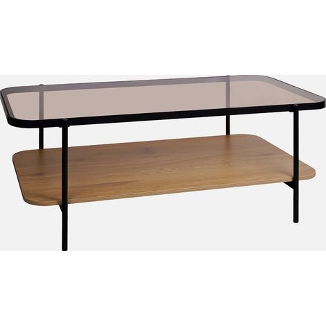 Mesa de centro vintage de metal negro con tapa de cristal y decoración de madera