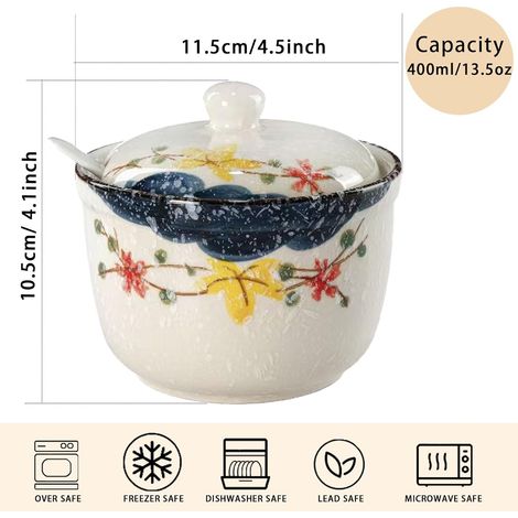 Pot à épices en céramique JeiibrZui - 300 ml - 1 pièce avec couvercle et cuillère - Motif floral jaune - Idéal pour le sucre, le sel et le poivre - Récipient de rangement pratique pour la cuisine, la (1/4)