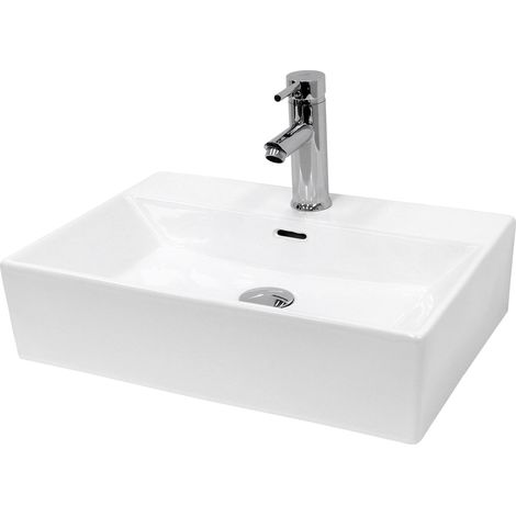 ECD Germany Waschbecken Waschtisch 415x360x130 mm Eckig Keramik Weiß inkl. Ablaufgarnitur für Waschbecken mit Überlauf Aufsatzbecken Aufsatzwaschbecken Aufsatzwaschtisch Waschschale Spülbecken Becken