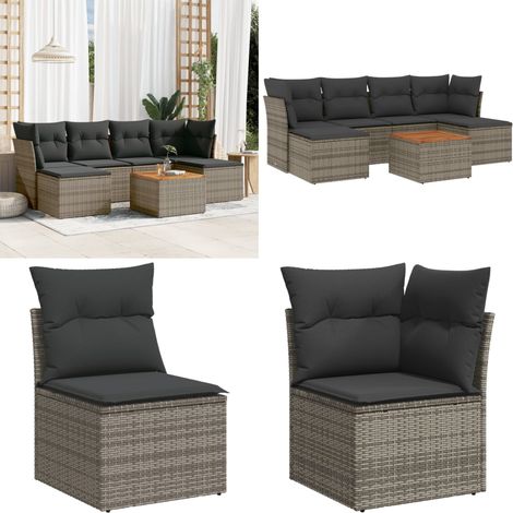 Salon de jardin avec coussins 7 pcs gris résine tressée - Salon De Jardin - Mobilier Extérieur - Set Salon - Résine Tressée - Rotin Synthétique - Home & Living (1/5)