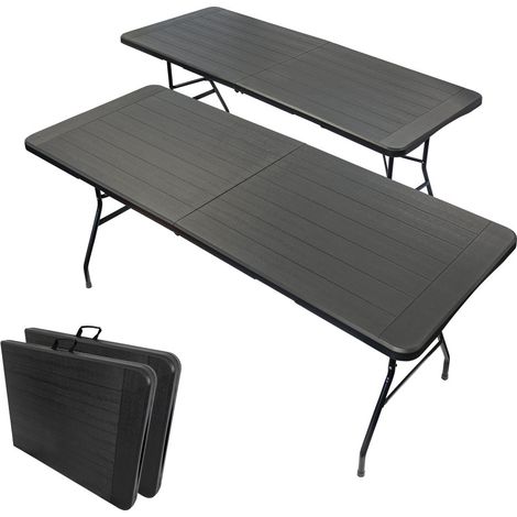 2 tables pliantes effet bois noires - Long 180 cm - Table jardin 8 Personnes - Poignée de transport - Pique-nique et réception (1/5)