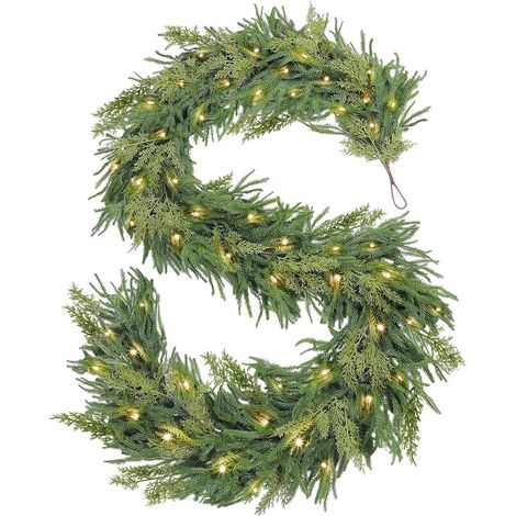 ALOVEZ Prelit & Timer - 9 Ft by 10 Inch Christmas Garland with Lights, Real Touch Norfolk Pine Garlands Cedar Garland Artificial Realistic Soft Thickness 180 Pine Cypress Tips for Mantle Table Stairs (1/5)