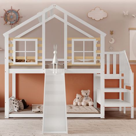 Cama alta infantil de madera maciza y MDF blanco/natural 90x200 cm con tobogán, escalera y barandillas (1/5)