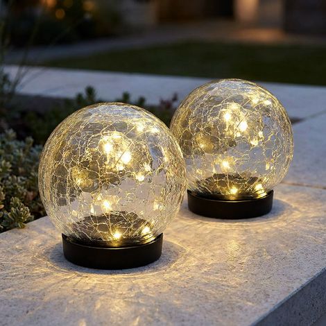 LED Solarleuchte Solarlampe Garten Bruchglasoptik warmweiß Glas D 12 cm 2er Set