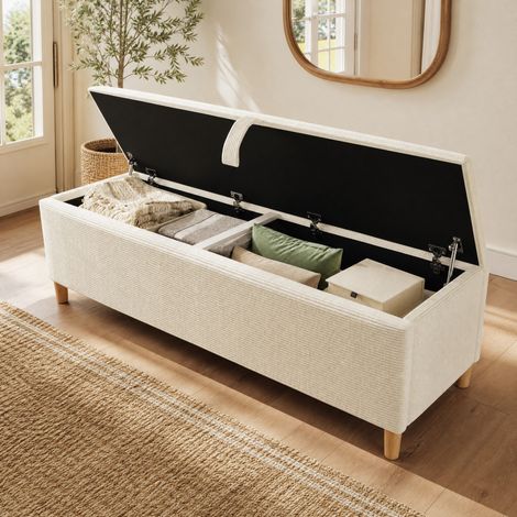Doppelbett 180x200 cm, Kopfteil mit LED Lichtleiste, mit Stauraum, Cordstoff und Holz, Beige (1/5)
