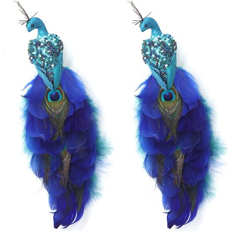 2 künstliche Pfauenfiguren mit Glitzer zum Anclipsen, mit langem Schwanz und Federn, für Weihnachtsbaum- und Weihnachtsdekoration, blau (1/2)
