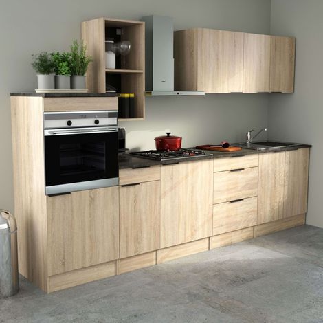 Pack de Muebles de Cocina Arko Estilo Moderno en Color Madera Claro-Negro con 3 Módulos Altos, Columna, Cajones, Fregadero (1/5)