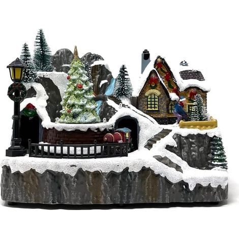 Boîte à musique lumineuse Village de Noël, Train tournant Montagne enneigée, Bonhomme de neige miniature, Collection de décorations de No - Couleur E (1/4)