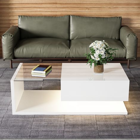 Table basse, blanc brillant. Tables d’appoint et tables basses avec verre et effet LED (1/5)