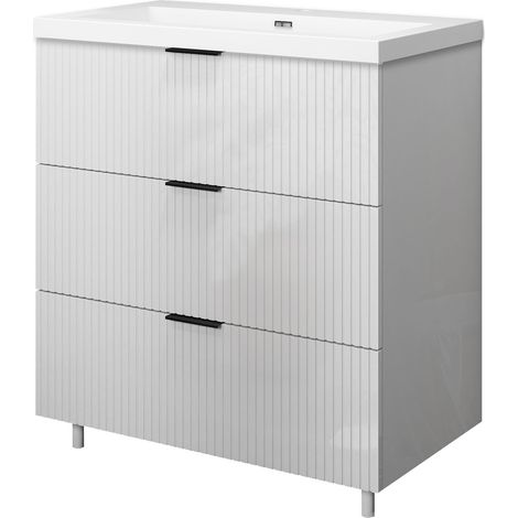 OCEAN Ensemble meuble Salle de Bain Blanc Suspendu, 79x44.5x52cm Haute Brillance 3 Tiroirs avec Vasque (1/5)