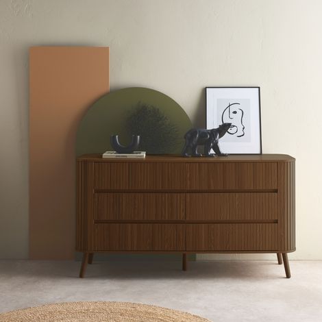 Commode 6 tiroirs. décor strié noyer. L 150 x P 45  H 80cm