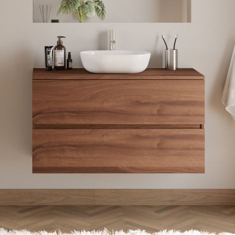 Meuble de salle de bain 90cm avec plateau et vasque à poser arrondie - 2 tiroirs - sans miroir - noyer (bois foncé) - IDA (1/5)