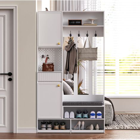 Meuble d'entrée avec banc, 4 crochets, armoire et tiroir, blanc, 100 x 180 x 35 cm HAVRYA (1/5)